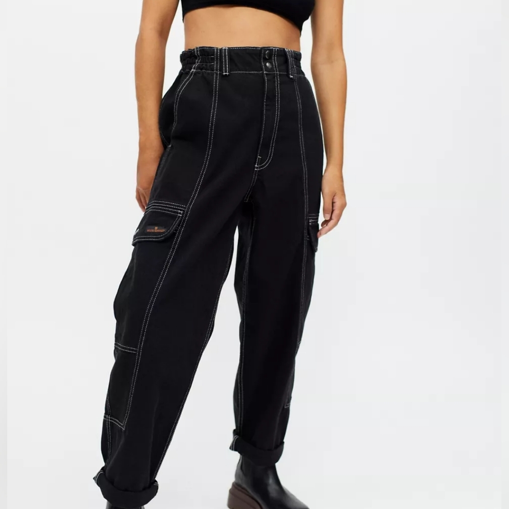 BDG Women's Blaine Topstitch Cargo Straight Leg High Waisted Black Women's Jeans